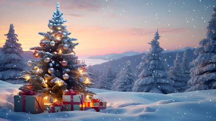 Decorated Christmas tree with colorful lights and gifts in a winter countryside with snow covered surface and trees, mountains in the background and sunset.