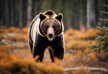 Majestic brown bear striding through an idyllic meadow, AI-generated.