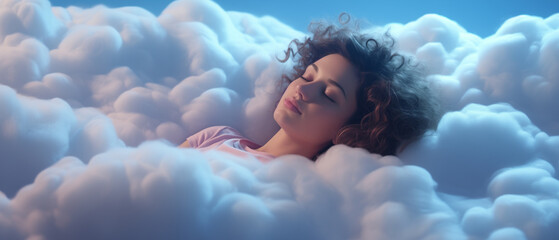 woman sleeping on a cloud recreation and relaxation concept  - obrazy, fototapety, plakaty