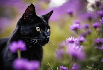 AI generated illustration of a black cat in a meadow filled with green grass and purple flowers