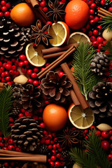 Christmas spices, fruit pieces, baubles, seeds and leaves abstract background. Vertical composition.