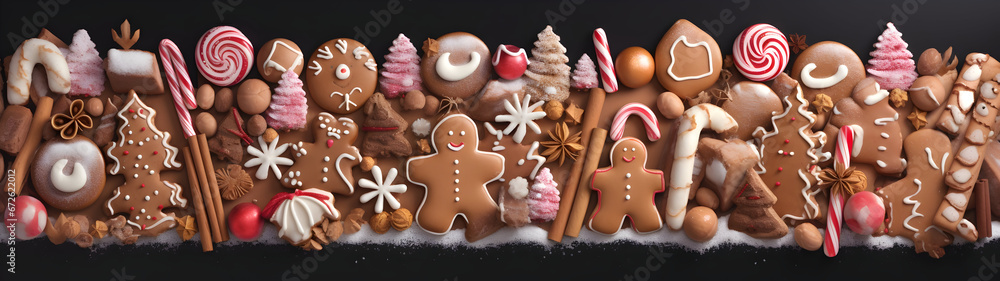 Wall mural abstract background with christmas gingerbread pieces and cookies on brown background. horizontal co