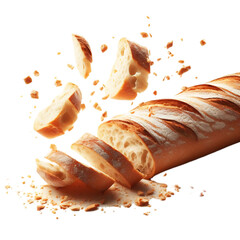 Baguette bread with falling crumbs isolated on transparent or white background - obrazy, fototapety, plakaty