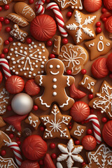 Fototapeta premium Abstract background with Christmas gingerbread pieces and cookies on brown background. Vertical composition.
