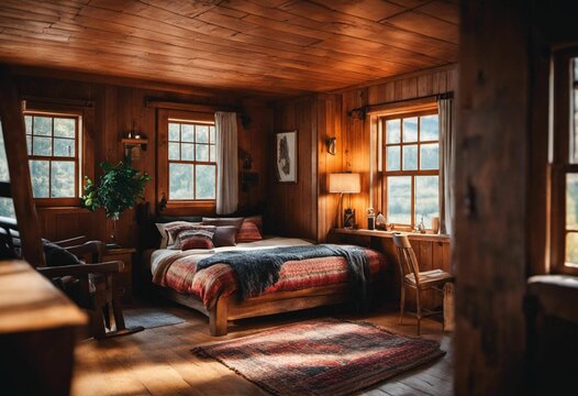 a bed and window in a wooden cabin bedroom with rustic decor