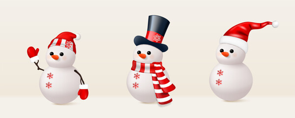 Set of snowmen with santa hat, scarf, isolated