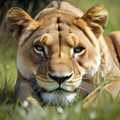 Fototapeta premium Lioness on the grass. Created using generative AI tools