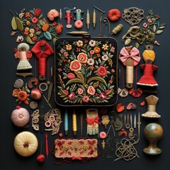 AI generated illustration of a flat lay of a colorful sewing kit