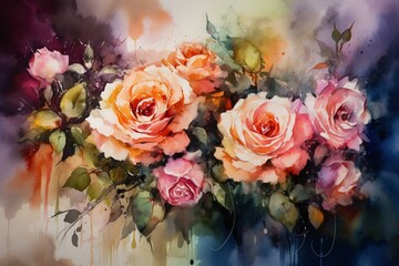 A vibrant watercolor painting displaying an exquisite arrangement of roses. Generative AI