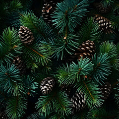 Naklejka na ściany i meble Fir branches and cones green needle abstract background Christmas texture. Square composition.