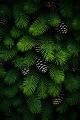 Fir branches and cones green needle abstract background Christmas texture. Vertical composition.