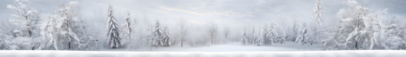 Abstract wihter forest with snowfall and snowflakes in winter. Horizontal composition.