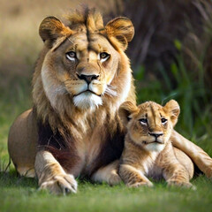 Obraz premium Lioness with a lion cub on the grass. Created using generative AI tools