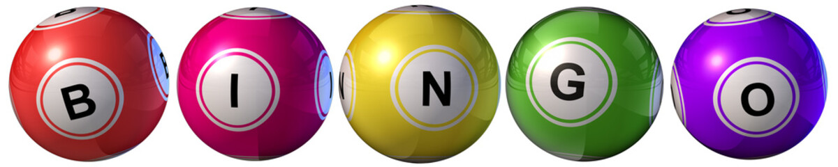 A 3D rendering showcasing the word "BINGO" creatively composed on a set of vibrant bingo balls, with each letter inscribed on the colorful spheres.