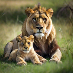 Lioness with a lion cub on the grass. Created using generative AI tools