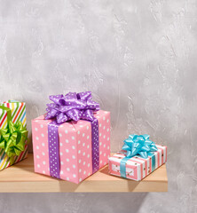 Birthday and friendly atmosphere. Birthday gifts in a variety of gift paper and colorful gift bows.