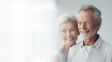caucasian elderly couple pensioners smiling and spending happy time together in a new bright apartment interior with copy space. old people love and look into each other's eyes. care elderly. Ai. - obrazy, fototapety, plakaty