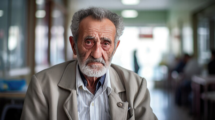 Obraz premium The shortage of doctors leaves the elderly man waiting sadly for medical assistance at the hospital