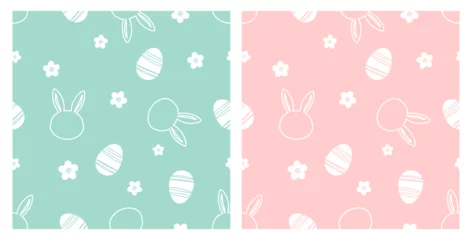 Foto op Aluminium Seamless pattern with bunny rabbit cartoon on green and pink backgrounds vector illustration. © Thanawat