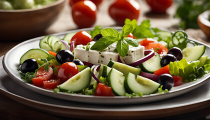  A Greek salad and cucumber salad are displayed on plates, accompanied by condiments and utensils, creating an elegant Mediterranean-inspired meal.