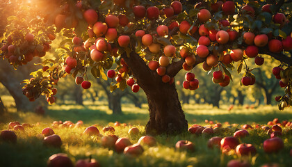 A vibrant orchard scene with a lush tree adorned with ripe red apples, basking in the warm sunlight. - obrazy, fototapety, plakaty