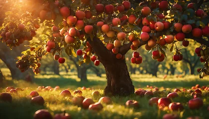 Fotobehang A vibrant orchard scene with a lush tree adorned with ripe red apples, basking in the warm sunlight. © Simo