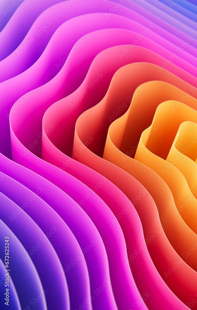 Poster 3d rendering of an abstract vertical background with smooth lines of spline waves from yellow to pur
