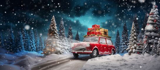Christmas invitation card background; Christmas, snow and red toy car. - obrazy, fototapety, plakaty