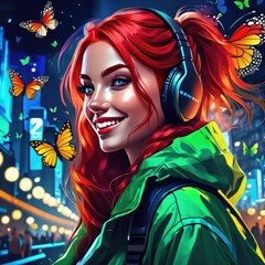  Girl and butterflies. A girl in the metropolis. A girl with headphones listening to music, laughing surrounded by butterflies. The girl is in love, Butterflies in her stomach. Girl falling in love