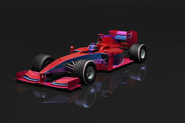 3D illustration of a generic formula one racing car, vividly colored in red shades, isolated on a dark background