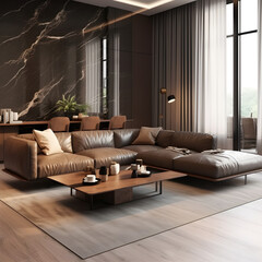 complete modern style living room the imitation leather is in a dark brown granule style and the furniture legs are in marble wood