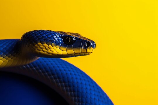 AI generated illustration of a yellow and blue cobra snake on a yellow background