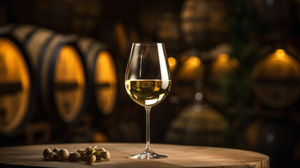Glass of white wine in wine cellar
