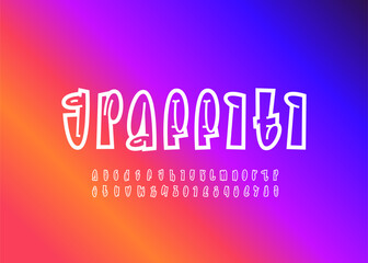 Graffiti long font, white line alphabet in the street art style, narrow lowercase letters and numbers, vector illustration 10EPS