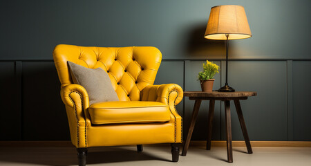 yellow comfortable armchair, next to a floor lamp and a green plant, design and interiors