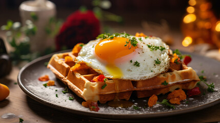 Waffle with opened poached eggs.