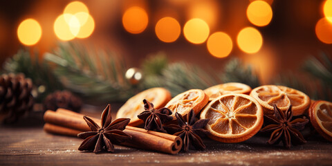 Traditional Christmas spices and dried orange slices on holiday bokeh background with defocus lights