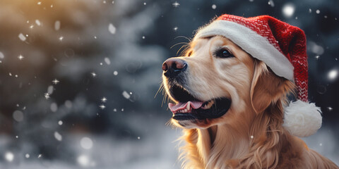 Cute golden retriever dog in a Christmas red Santa Claus hat on the background of a winter forest