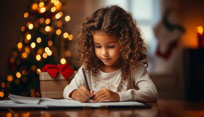 cute girl in pajamas writing a letter to santa claus on Christmas background with lights
