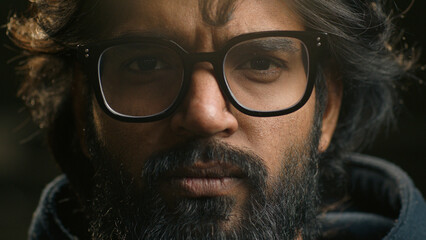 Extreme close up serious calm Arabian male face in eyeglasses looking at camera portrait headshot Muslim guy bearded Indian man look eyesight vision in glasses medical health problem ophthalmology