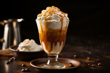 A delightful coffee drink with caramel, whipped cream, and a refreshing touch. Generative AI