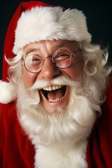 Close up of a Santa Claus. A man wears a red costume and hat for New Year's Eve. Black  background.