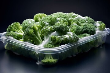 Broccoli on foam tray. Generative AI