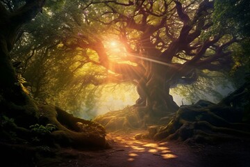 Stunning nature scene, enchanting tree with radiant canopy and branches, mystical and dreamy, desires embodied. Generative AI