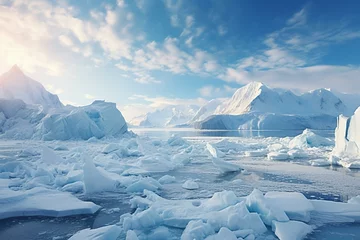 Papier Peint photo Bleu Jeans A panoramic view of frozen landscapes featuring glaciers and icebergs. Generative AI