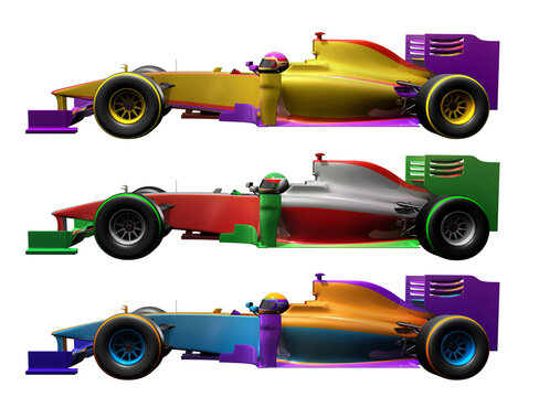 Side view of a generic formula one racing car, featuring various lively color schemes 3D illustration