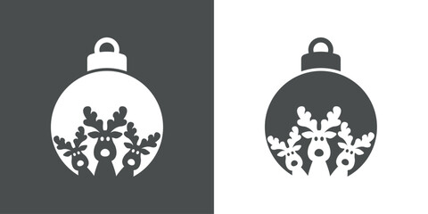 Tiempo de Navidad. Logo con silueta de bola de navidad con grupo de cabezas de renos y reno Rudolph asomados para su uso en invitaciones y felicitaciones - obrazy, fototapety, plakaty