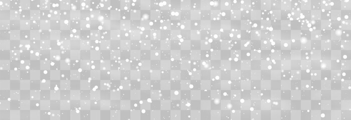 Christmas snow. Falling snowflakes on png background. Vector heavy snowfall. White snowflakes flying in the air. Snow flakes, snow and blizzard. Vector illustration isolated on transparent. - obrazy, fototapety, plakaty