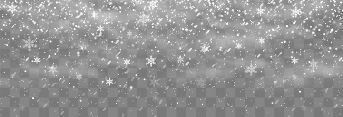 Christmas snow. Falling snowflakes on png background. Vector heavy snowfall. White snowflakes flying in the air. Snow flakes, snow and blizzard. Vector illustration isolated on transparent.