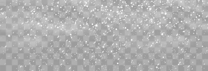 Fotobehang Christmas snow. Falling snowflakes on png background. Vector heavy snowfall. White snowflakes flying in the air. Snow flakes, snow and blizzard. Vector illustration isolated on transparent. © Leonid